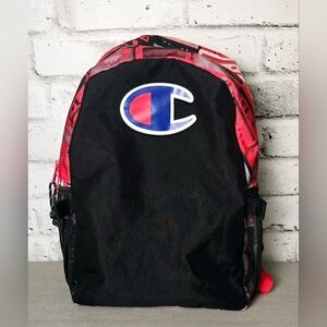 Champion Black Red Logo Backpack Retro Print School Bag with Side Pockets